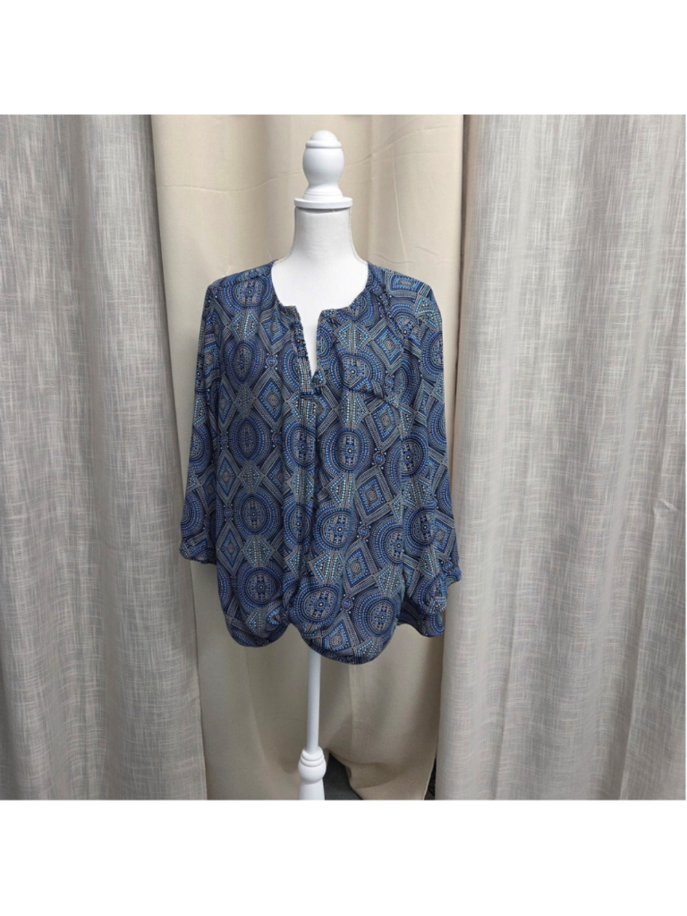 Sami & Jo Blue Patterned Peasant Blouse 2X Whimsical Drapey Flowy Artisanal